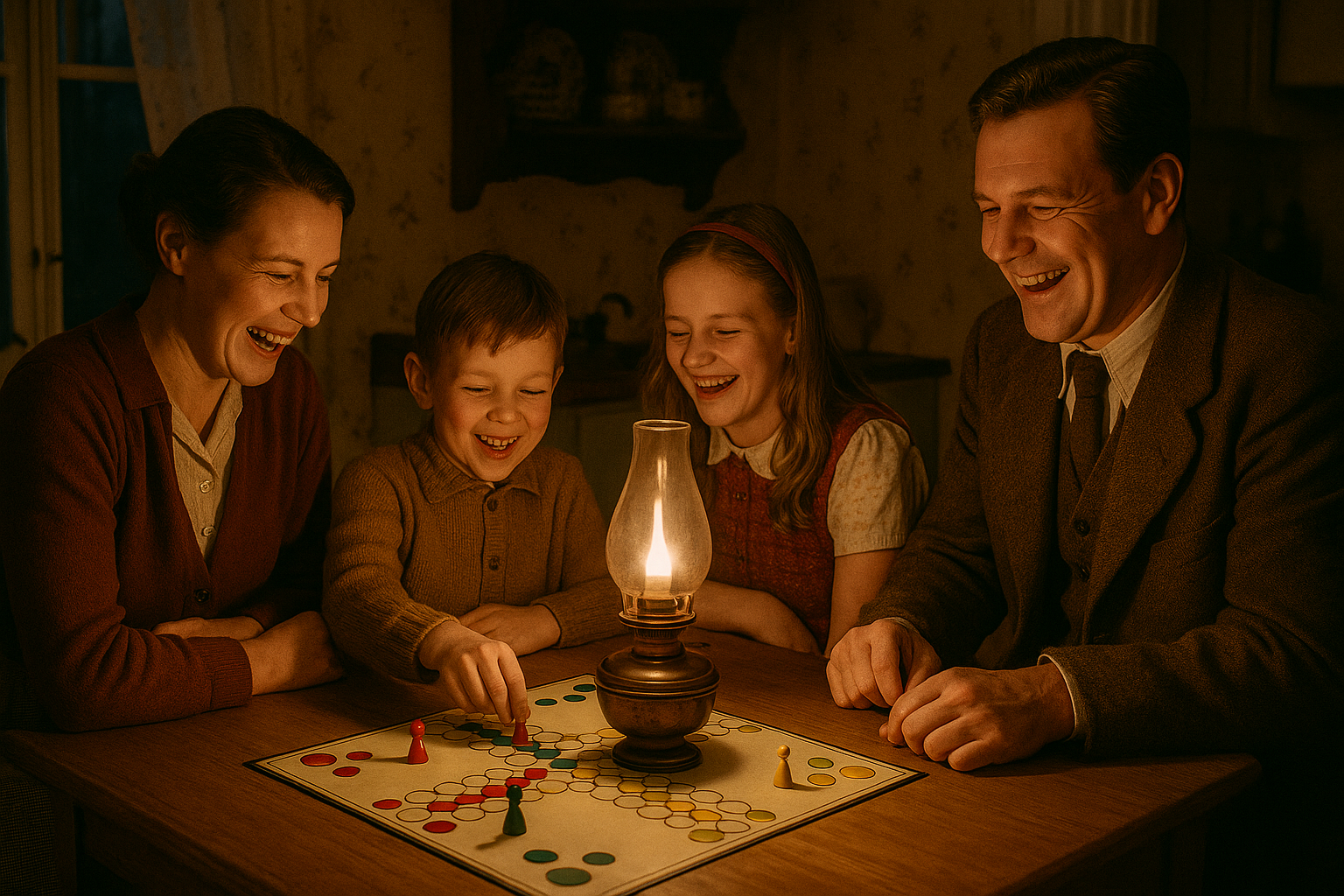 Swedish family in 1950s sitting around a kitchen table, playing Fia med knuff, kerosene lamp light, laughter and cozy atmosphere.